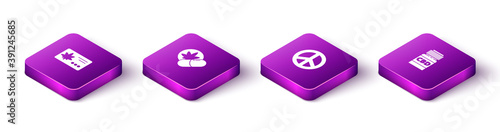 Set Isometric Calendar and marijuana leaf, Herbal ecstasy tablets, Peace and Medical bottle with cannabis icon. Vector.