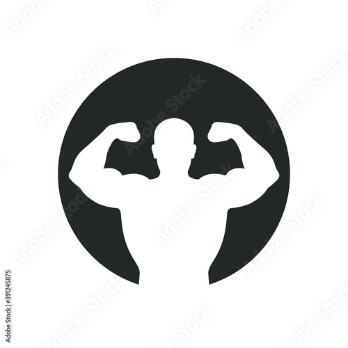 Athlete man graphic icon. Strong man sign in the circle isolated on white background. Bodybuilding and fitness symbol. Vector illustration