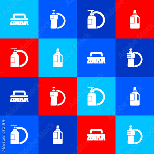 Set Brush for cleaning, Dishwashing liquid bottle and plate, and Fabric softener icon. Vector.