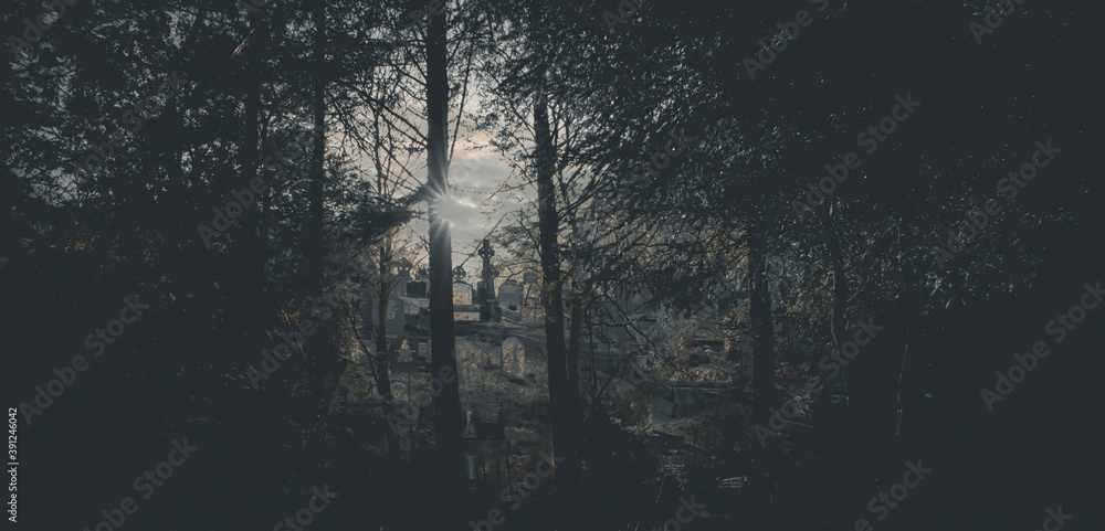 Obraz premium Old spooky cemetery in the woods. Haunted cemetery. Scary place.