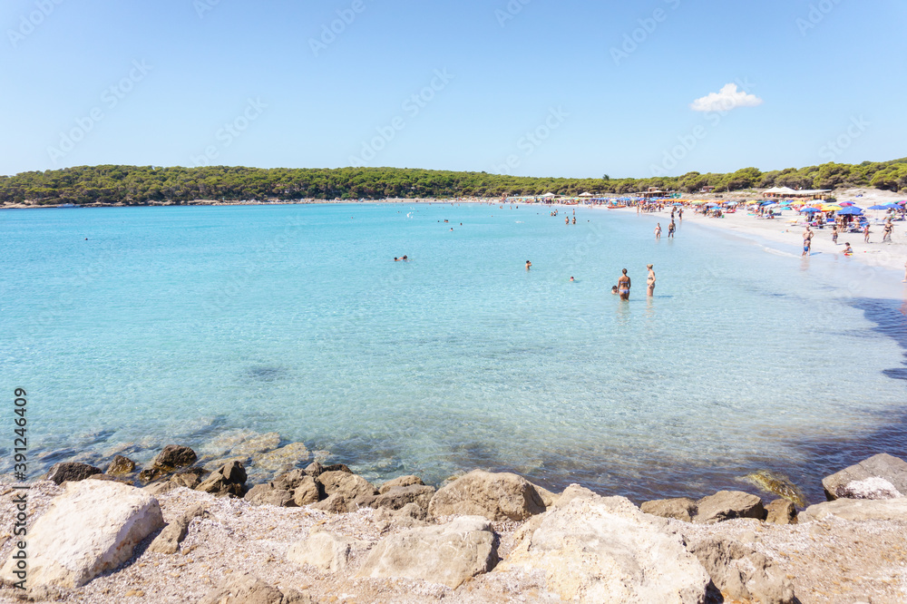 Fototapeta premium PORTO PINO, SARDINIA, ITALY - SEPTEMBER 6, 2019: Porto Pino beautiful sandy beach in Sant'Anna Arresi, south Sardinia, Italy