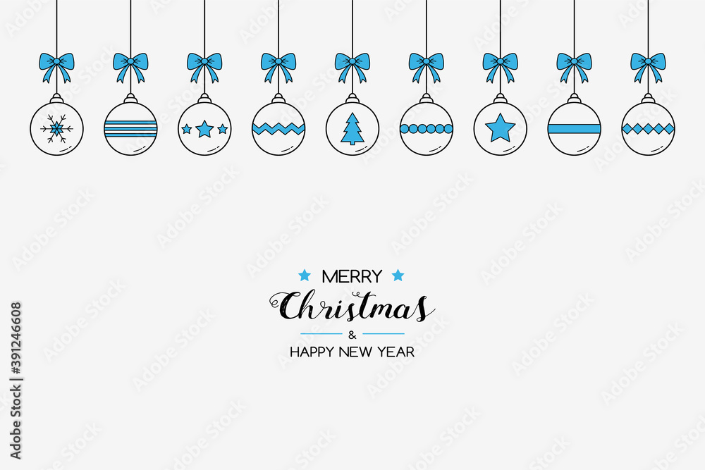 Christmas card with hanging baubles and greetings. Simple Xmas ornaments. Vector