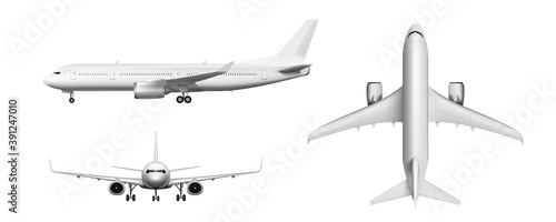 3D Flying Airplane, Jet Aircraft. Top, Front, Side