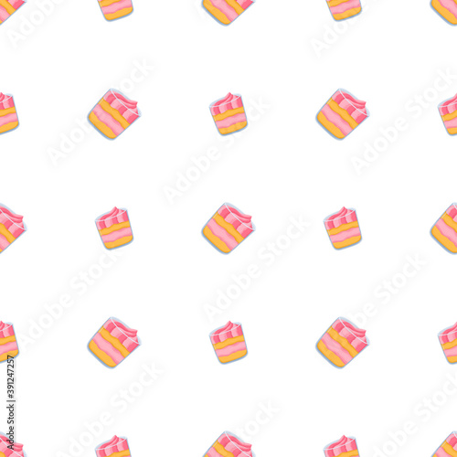 Dessert in glass seamless pattern in cartoon style on white background. Pink sweet cream and bisquit. Colorful vector illustration. Fabric pattern.