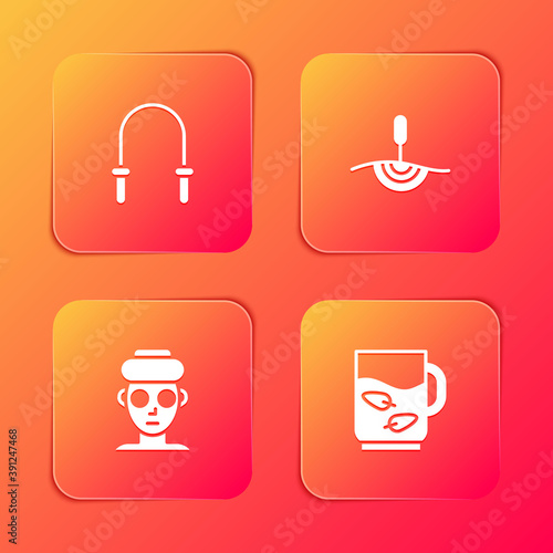 Set Jump rope, Acupuncture therapy, Facial cosmetic mask and Cup of tea and leaf icon. Vector.
