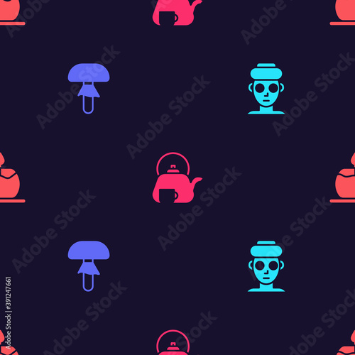 Set Facial cosmetic mask, Mushroom, Teapot with cup and Aroma candle on seamless pattern. Vector.