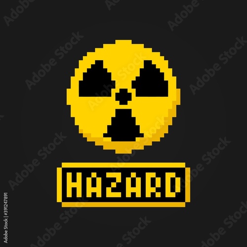 Pixel art 8-bit hazard orange sign radiation on black background - isolated vector illustration
