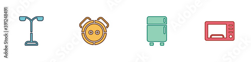 Set Street light, Robot vacuum cleaner, Refrigerator and Microwave oven icon. Vector.