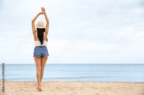 Beautiful young woman on beach, back view. Space for text