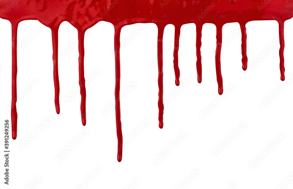 Red acrylic paint drips on white isolated background. Drops of blood flow down.