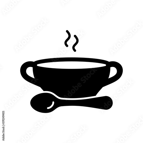 Bouillon silhouette icon. Outline bowl with spoon and hot food. Black simple illustration of broth or clear soup for eatery menu. Flat isolated vector pictogram on white background