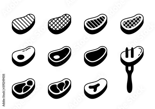 Steak silhouette icons set. Outline beef with bone, fat, grill strips, fork. Different views of raw meat for packaging design. Black illustration. Flat isolated vector pictogram, white background