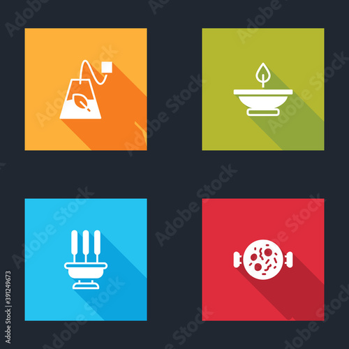 Set Tea bag, Aroma lamp, Incense sticks and Chicken tikka masala icon. Vector.