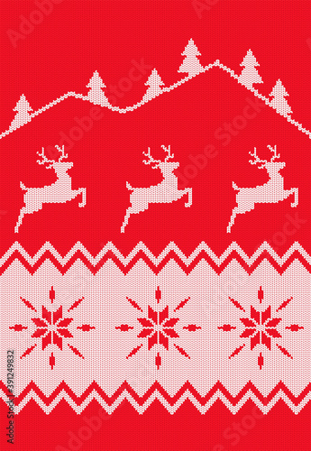 Red seamless pattern. Christmas card. Winter background for Christmas or New Year design. Vector Nordic Ornament. Imitation of a knitted texture in the Scandinavian folk style.