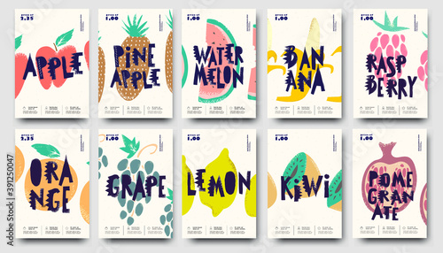 Vector illustration. A set of posters or price tags. Large collection of fruit in Doodle style. Exotic fruits and berries.