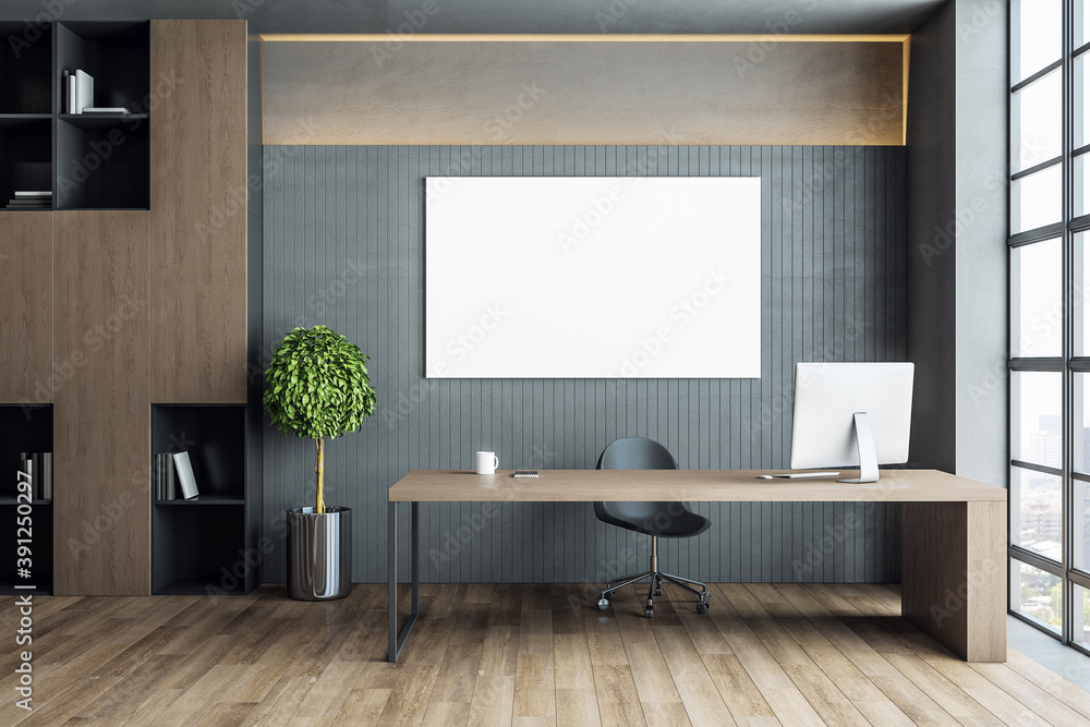 Fototapeta premium Luxury director's office with blank banner on wall.