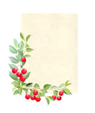 Vertical vintage card with cherry tree branch with red berries