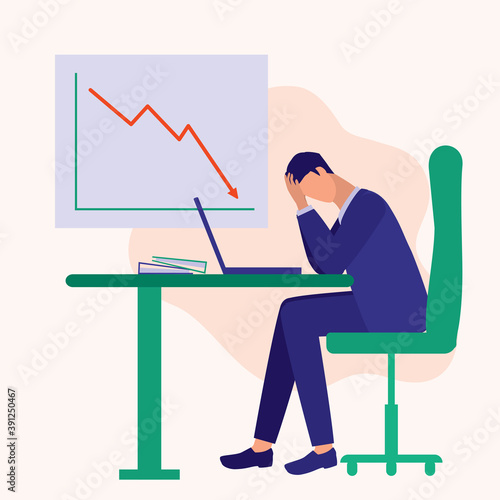 Depressed Businessman Lost His Business. Business And Financial Crisis Concept. Vector Flat Cartoon Illustration.