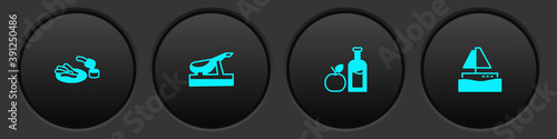 Set Churros and chocolate, Spanish jamon, Apple cider bottle and Yacht sailboat icon. Vector.