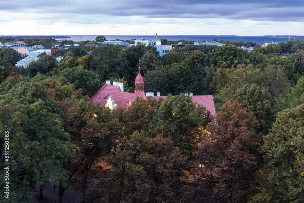 Old building surrounded by green park. Evening top view of night Tallinn, Estonia.