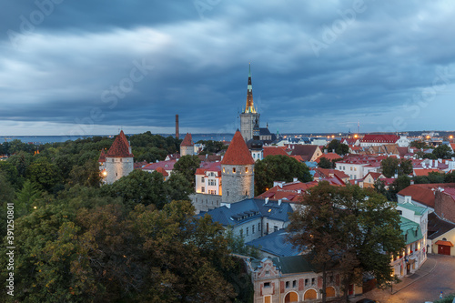 Evening top view of night Tallinn, Estonia.