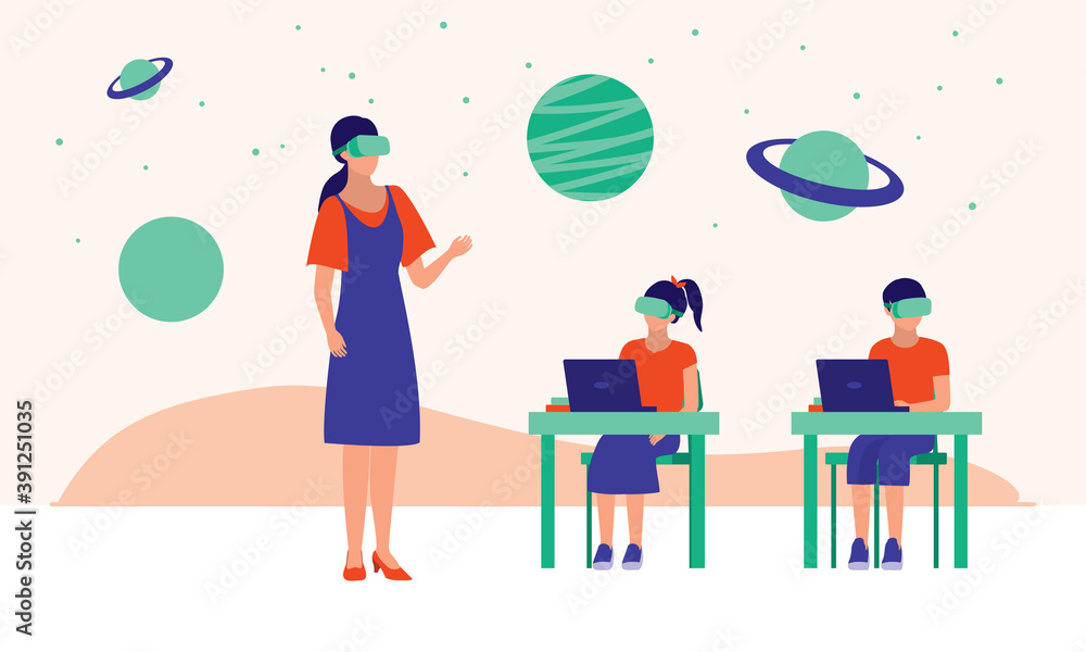 School Teacher Using VR In The Classroom. Education And Virtual Reality