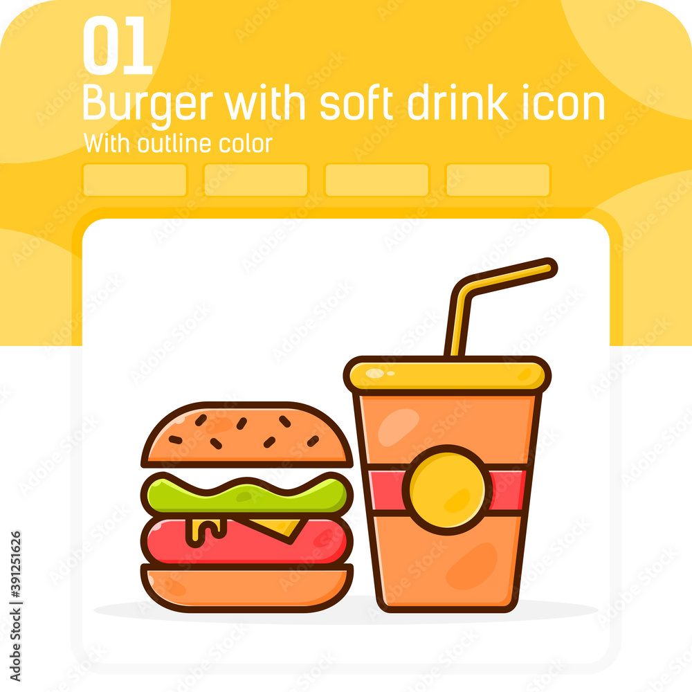 Burger with soft drink premium icon with outline color style isolated on white background. Vector illustration sign symbol pixel aligned icon concept for web design, ui, ux, website and fast food Burger with soft drink premium icon with outline color style isolated on white background. Vector illustration sign symbol pixel aligned icon concept for web design, ui, ux, website and fast food