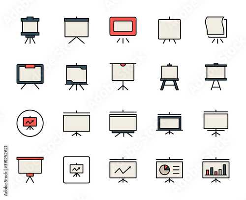 Flip chart set line icons in flat design with elements for web site design and mobile apps. Collection modern infographic logo and symbol. Business vector line pictogram