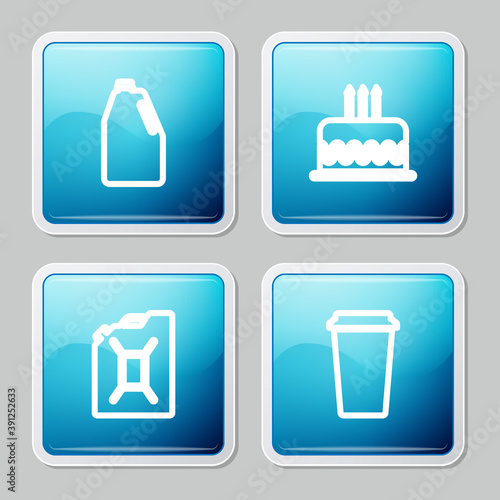 Set line Household chemicals bottle, Cake with burning candles, Canister for gasoline and Coffee cup icon. Vector.
