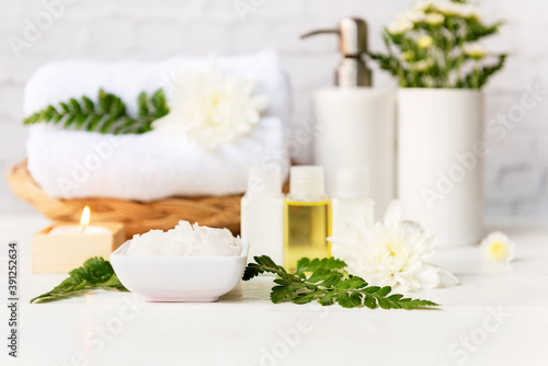 soft focus. Spa beauty massage health wellness. Spa Thai therapy treatment aromatherapy for body woman with white flower nature candle for relax and healthy care.