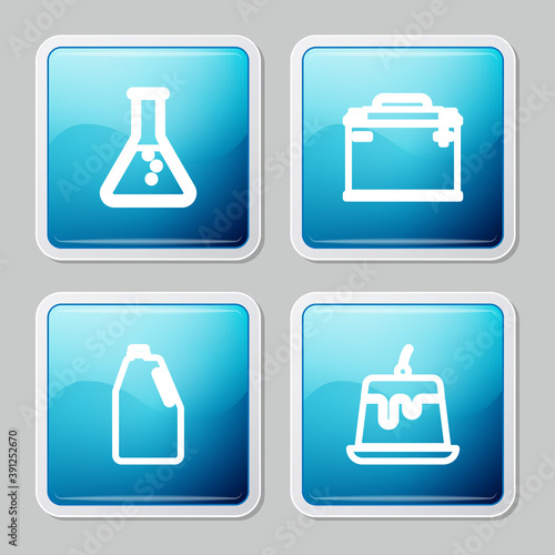 Set line Test tube and flask, Car battery, Household chemicals bottle and Pudding custard icon. Vector.