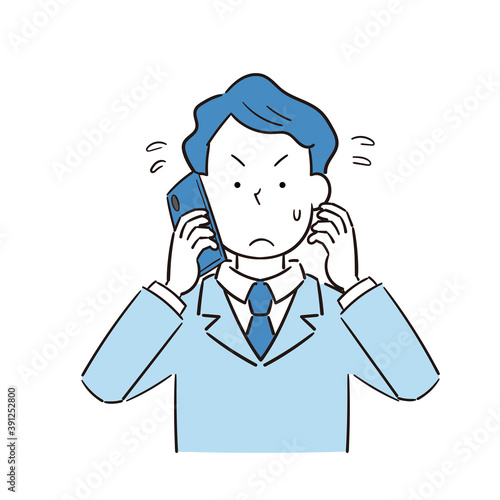 電話対応で焦る会社員男性のイラスト
