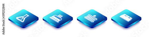 Set Isometric line Test tube and flask, Cake with burning candles, Heating radiator and Stacks paper money cash icon. Vector.