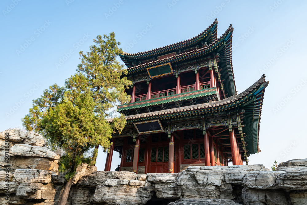 In autumn, ancient building lofts and ginkgo trees are in Jinci Park, Taiyuan, Shanxi, China In autumn, ancient building lofts and ginkgo trees are in Jinci Park, Taiyuan, Shanxi, China
