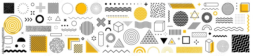 Plakat Set of 100 geometric shapes. Memphis design, retro elements for web, vintage, advertisement, commercial banner, poster, leaflet, billboard, sale. Collection trendy halftone vector geometric shapes.