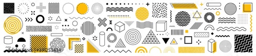 Set of 100 geometric shapes. Memphis design, retro elements for web, vintage, advertisement, commercial banner, poster, leaflet, billboard, sale. Collection trendy halftone vector geometric shapes.