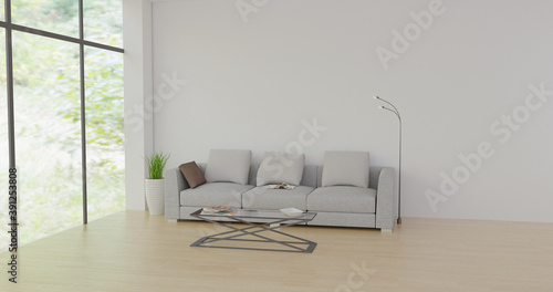 Bright modern luxury living room with comfortable sofa on wooden floor and large window as left wall, 3D illustration rendering