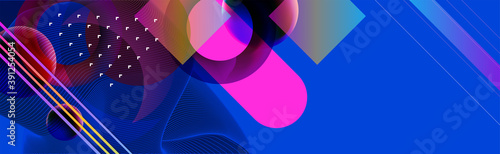 Abstract background futuristic elements on bright trendy color banner geometric blue with lines and unusual elements
