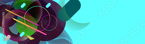 Abstract background futuristic elements on bright trendy color banner geometric blue with lines and unusual elements