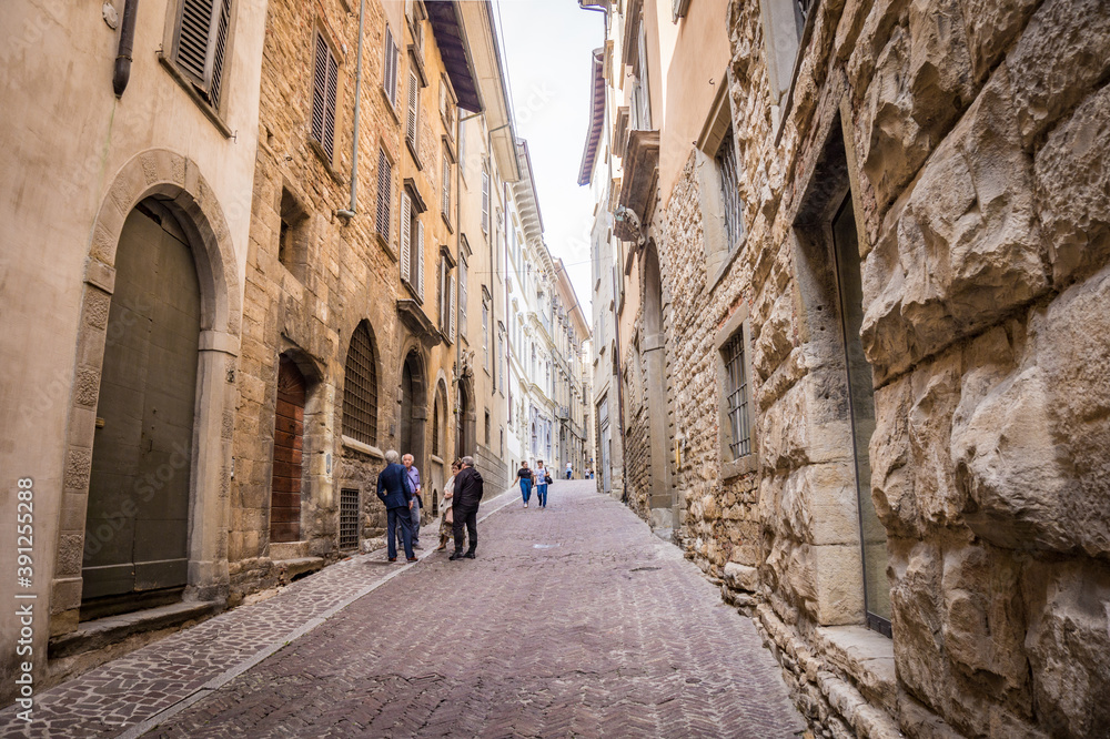BERGAMO, ITALY - SEPTEMBER 8, 2019: Streets of Citta Alta, upper old city Bergamo, Italy