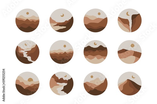 Abstract mountains landscape highlights. Round contemporary icons river hills sun moon desert boho style, vector covers for stories