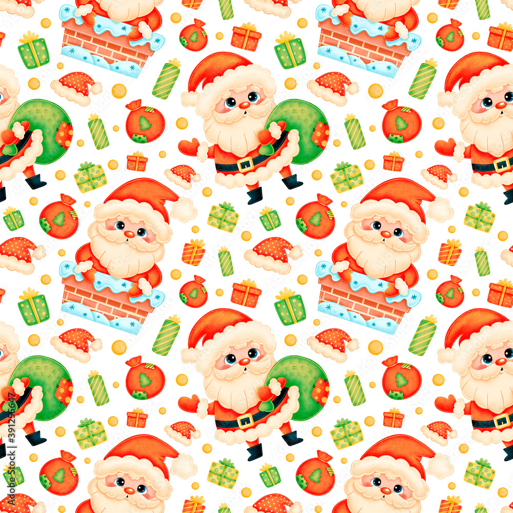 Fototapeta premium Cute cartoon christmas seamless pattern. Santa Claus in the chimney with a bag of gifts seamless pattern.