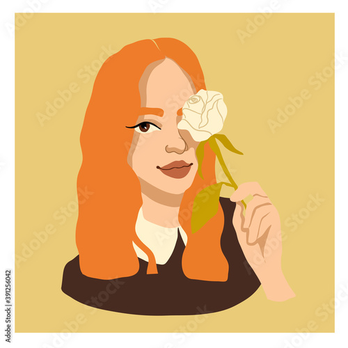 Beautiful redheaded woman with white rose. Vector modern portrait