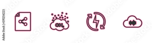 Set line Share file, Recharging, Methane emissions reduction and Music streaming service icon. Vector.