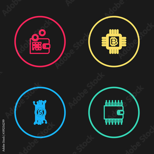 Set line Cryptocurrency bitcoin in circuit, wallet, CPU mining farm and Proof of stake icon. Vector.