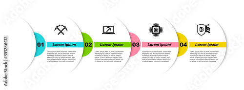 Set line Crossed pickaxe, Mining with laptop and, CPU mining farm and Shield bitcoin. Business infographic template. Vector.