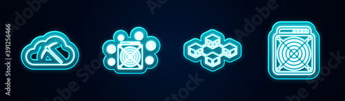 Set line Cryptocurrency cloud mining, ASIC Miner, Blockchain technology and . Glowing neon icon. Vector.
