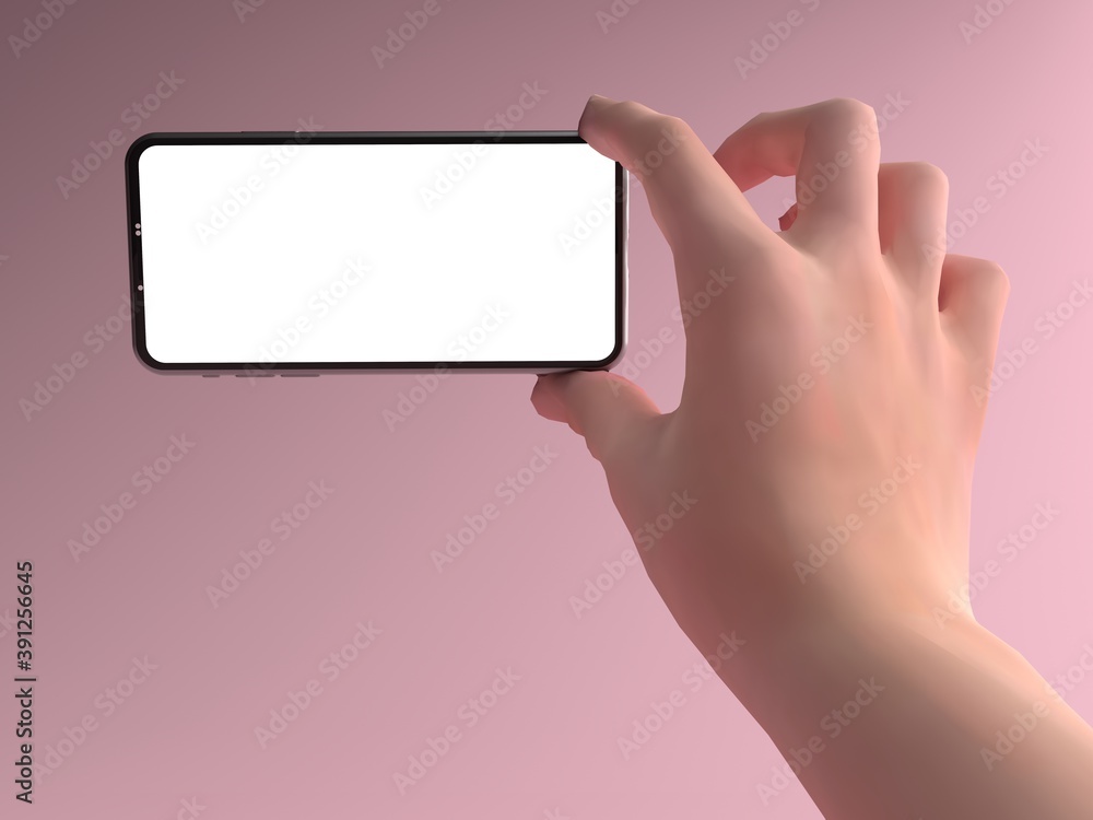Obraz premium 3D rendering of hand emerged from the ground and holding new Smartphones white screen on pink floor. Smartphones white screen can be used for advertising, Isolated on pink background, illustration.