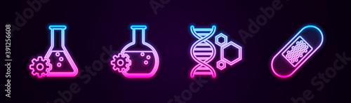 Set line Bioengineering, , Genetic and Bandage plaster. Glowing neon icon. Vector.