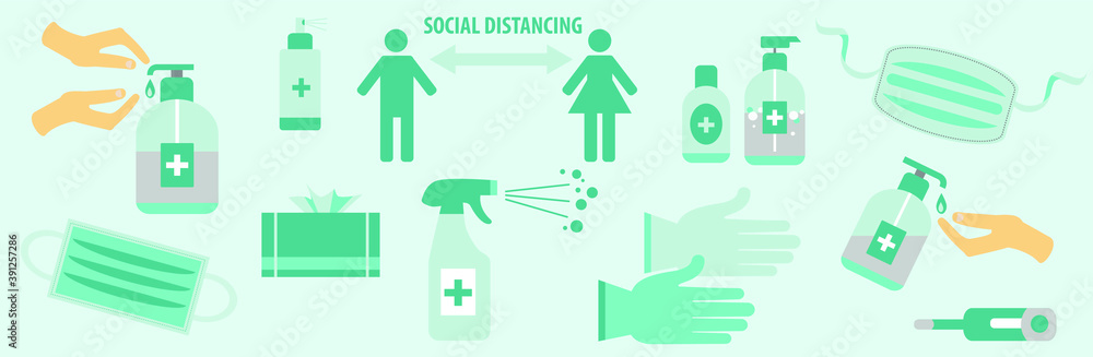 Covid-19. Set of hand sanitizer bottles, medical mask, washing gel, spray, wipes, liquid soap, gloves, thermometer. Vector Covid-19. Set of hand sanitizer bottles, medical mask, washing gel, spray, wipes, liquid soap, gloves, thermometer. Vector